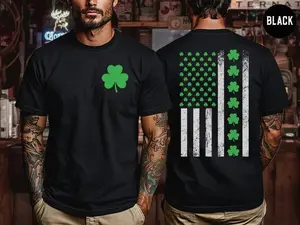 Shamrock USA Flag T-Shirt – St. Patrick’s Day Shamrock Graphic Tee – American Flag Design – Unisex Classic Cotton Shirt