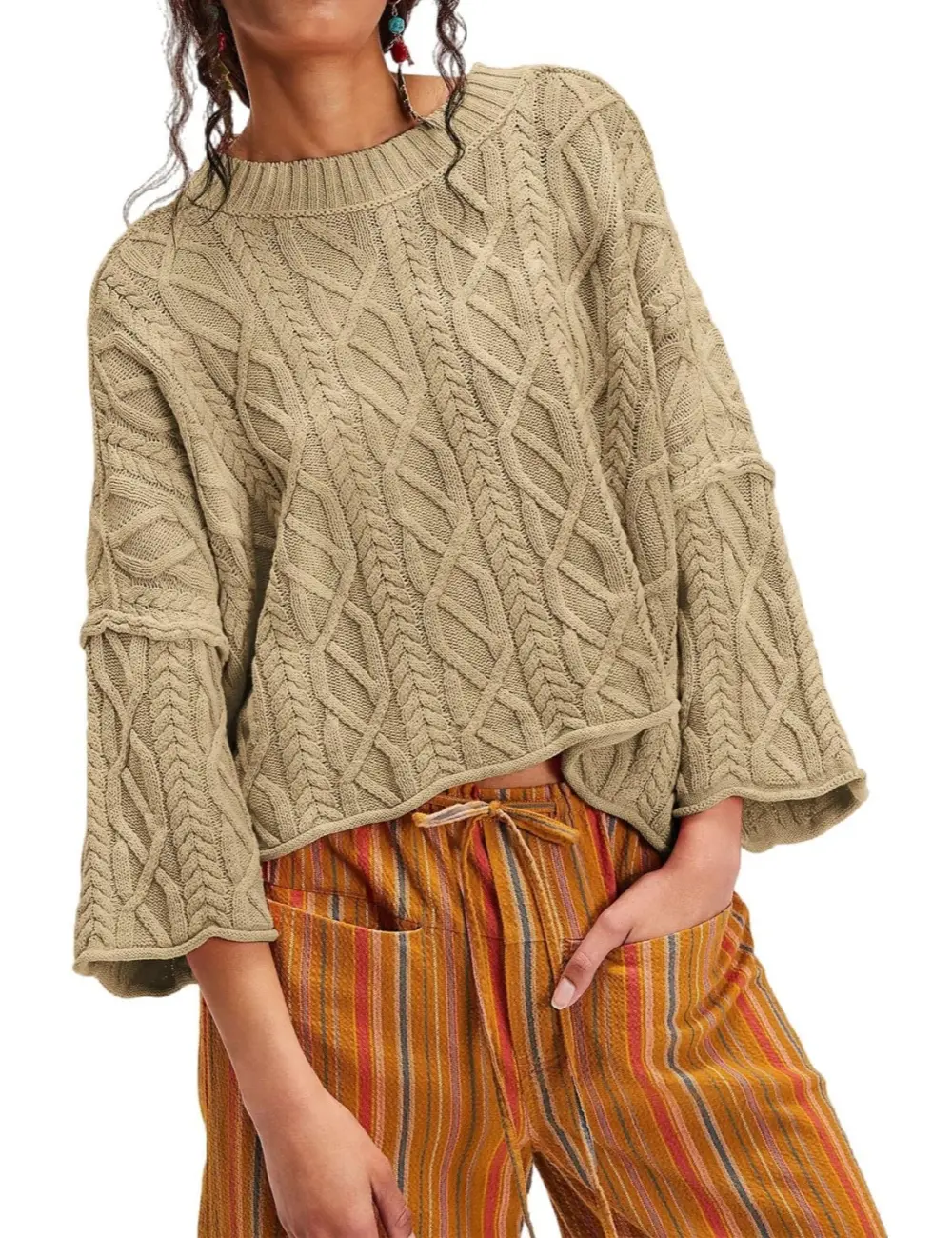 Ebossy Womens Cropped Sweaters Oversized Cable Knit Crewneck Long Sleeve Pullover Trendy Casual Loose Sweater Tops,clothes for back to school,first day of school outfits