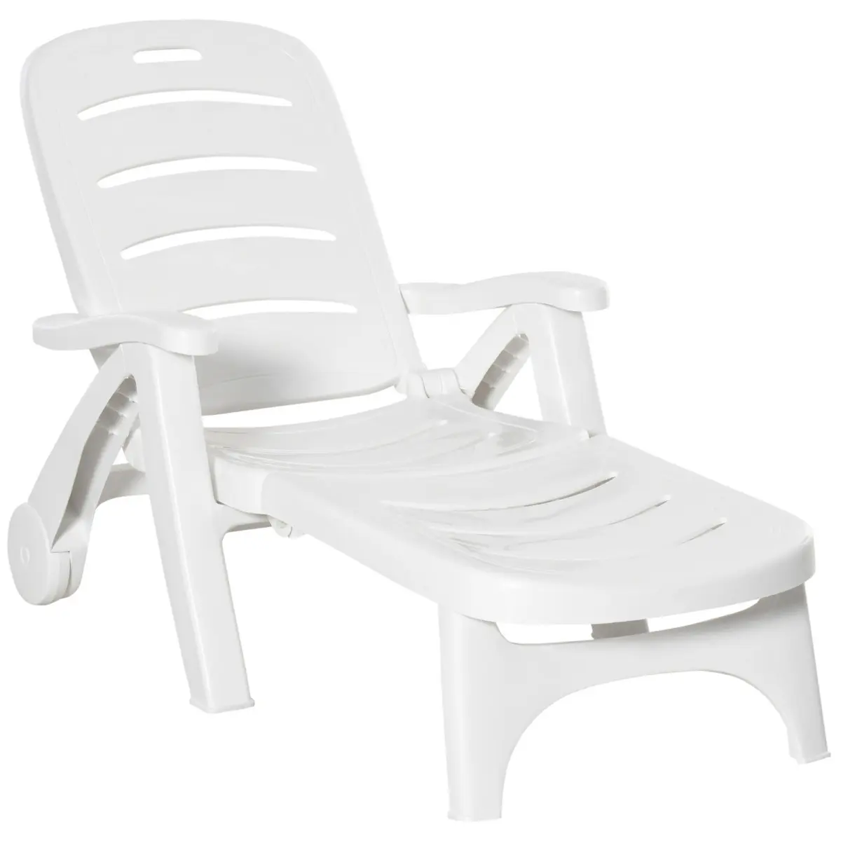 Outsunny Plastic Rustic Waterproof Adirondack Chair - Outdoor Patio Folding Tanning Chaise Lounge with 5-Level Adjustable Backrest, Ergonomic Armrest, Fixed Wheels, 30.25" L x 37" W x 38.25" H, 285 lbs Capacity, Assembly Required for Balcony (White), Poly