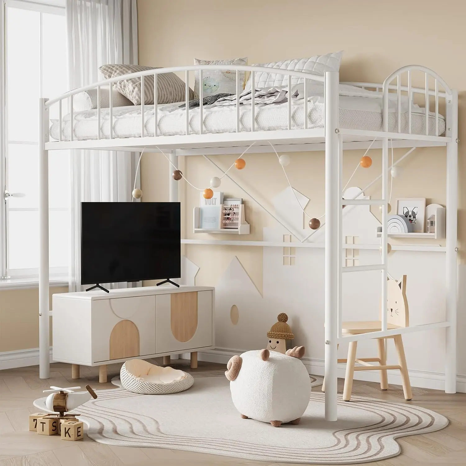 Twin Size Heavy-Duty Metal Loft Bedroom Bedframe - Matte White, Arched Safety Rail, Safety Ladder, Space-Saving, High Clearance, No Box Spring Needed, Indoor Bedroom Furniture, Furniture For Bedroom