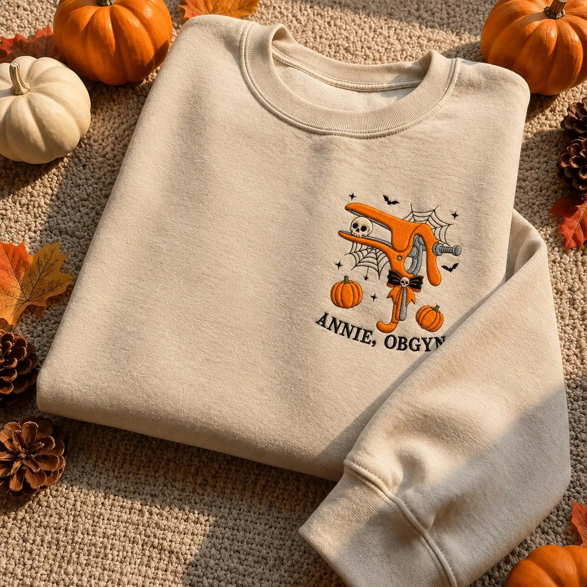 [MADE IN US] Embroidered OBGYN Halloween Sweatshirt, Personalized OBGYN Nurse Crewneck, Spooky Medical Embroidered Gift for Women's Health