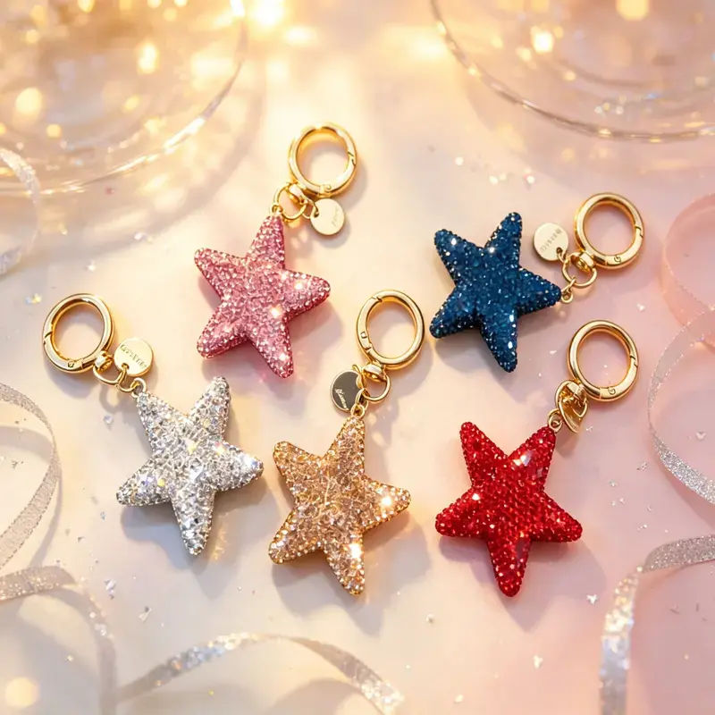 Full Rhinestone 3D Star Girly Keychain - Cute Charm, Small Size Sparkling Look Car Key Ring, Trendy Bag Accessory Pendant, Gift Idea for Women