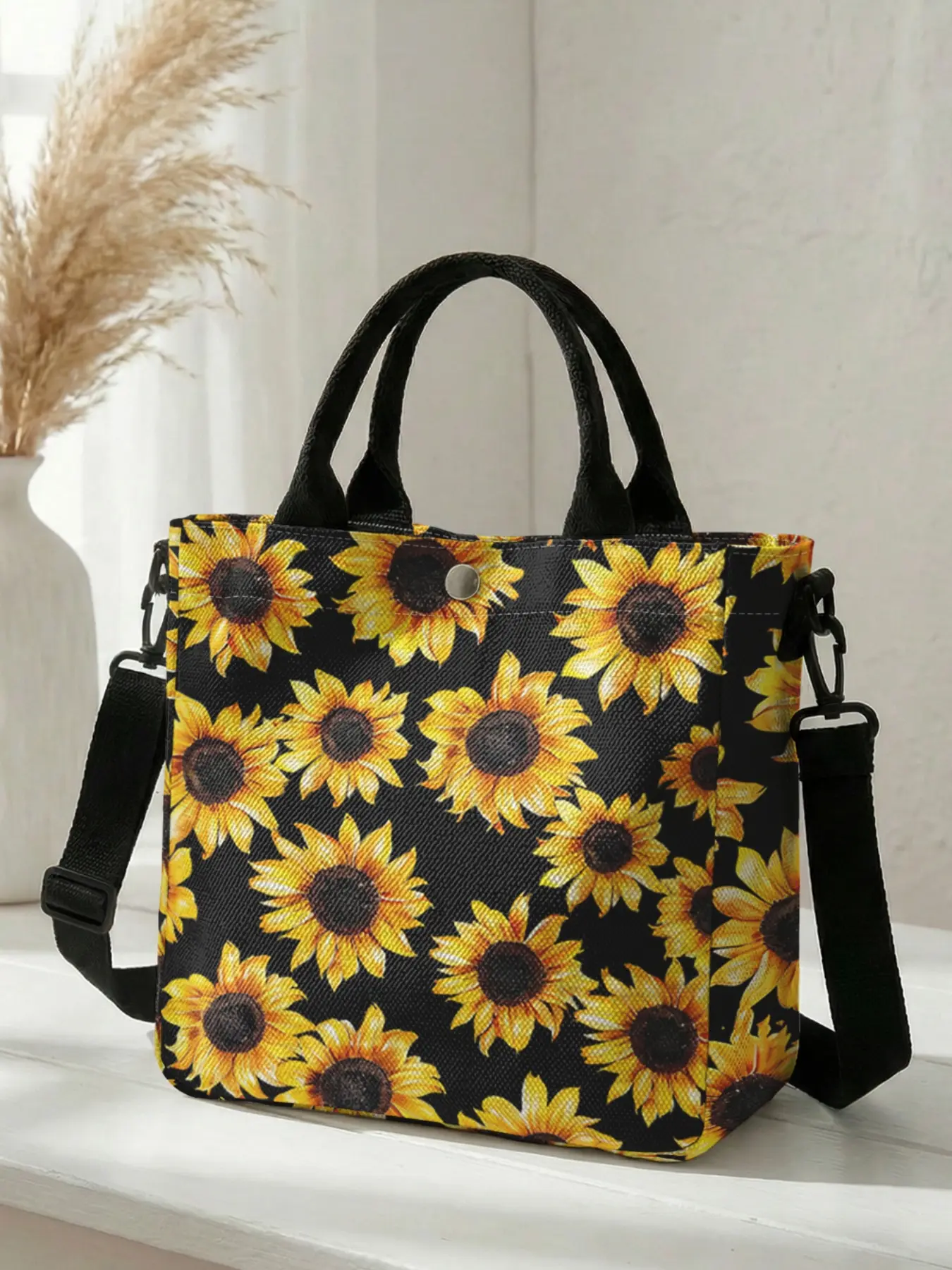 1 piece of sunflower pattern 2D printed fashionable crossbody bag, adjustable shoulder strap + snap closure | students/workforce/street shopping | a street essential with both aesthetic appeal and practicality