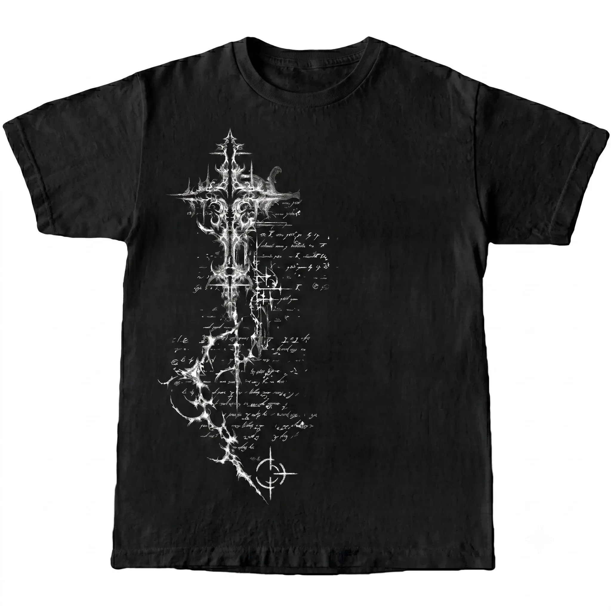Men's Official Baggy Cotton Gothic Scripture Cross Graphic T-Shirt - Short-Sleeve Loose Casual Fashion Apparel, Dark Academia Crucifix Scroll Top, Vintage Emo Grunge Alt Streetwear White, Tshirt, Shortsleeve, Tops, Vintage T Shirts