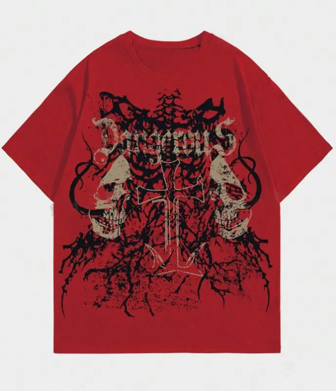 Goth Men's Skeleton Print Round Neck Short Sleeve Casual T-Shirt, Summer, Vintage Y2K Affliction Grunge Punk Men Gothic - Style Skull And Cross Printed T-Shirt