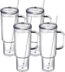 40oz plastic tumbler with handle and Straw Lid - set of 1,2,4 clear tumbler Double Wall Vacuum Reusable plastic Water Bottle Travel Mug Cup，Classic Acrylic Tumblers (4 Pack)