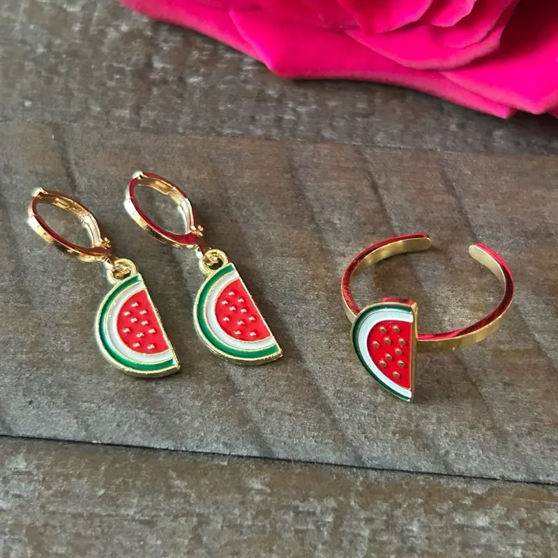 UmYafaStore Watermelon Slice Earrings & Ring Set Palestinian Symbol Jewelry Gold-Toned Enamel Fashion Accessories