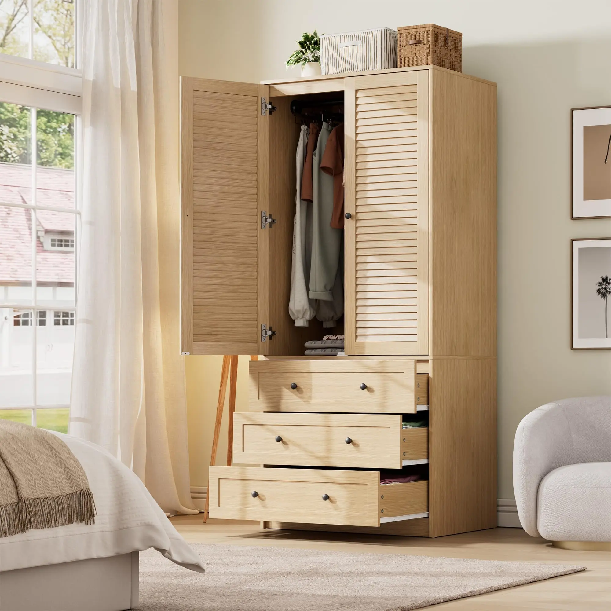 Spacious 2-Door Wooden Wardrobe Armoire, Tall 69.5 Inch Bedroom Storage Closet with Hanging Rod, Drawers & Louvered Doors, Large Capacity Modular Organizer Cabinet in Black & Natural Finish