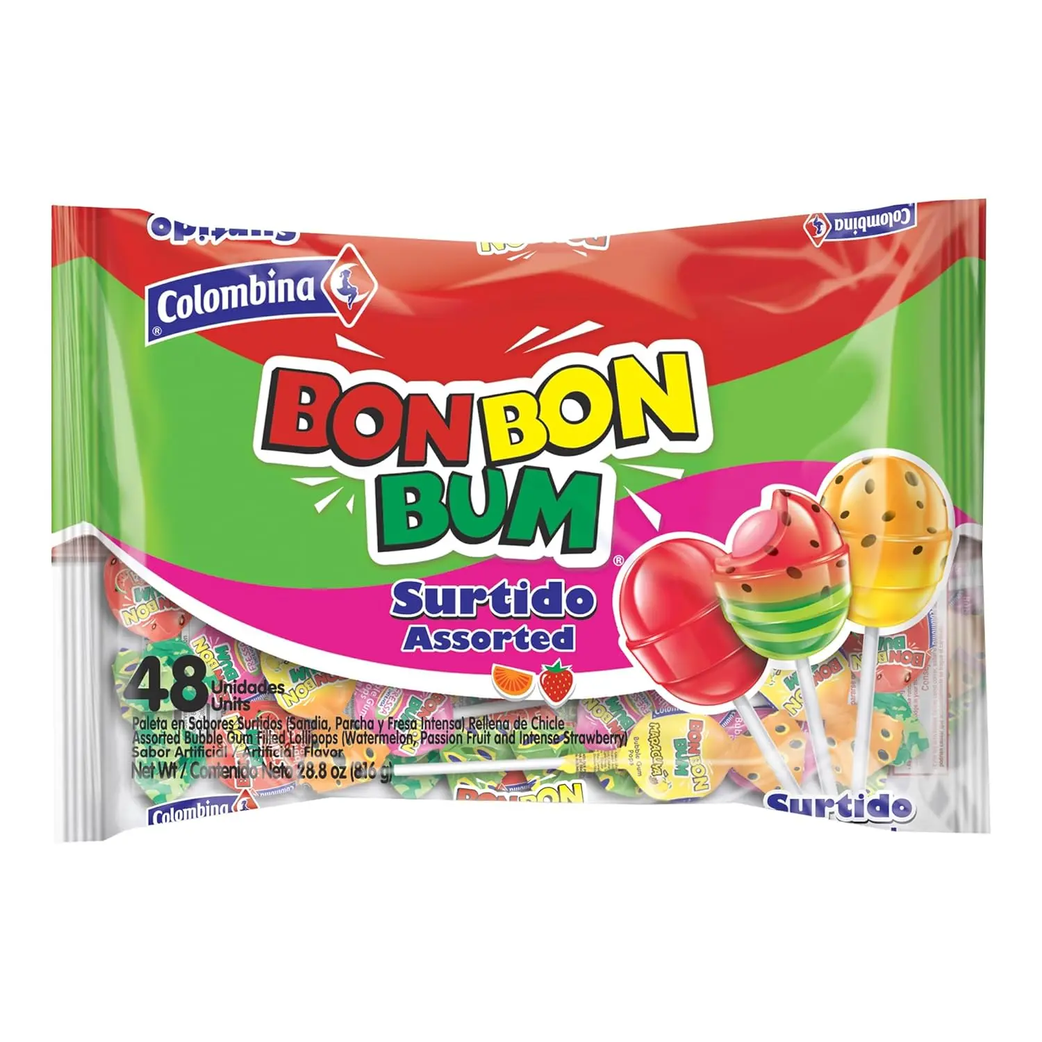 Bon Bon Bum Lollipops, Assorted Flavor, 48 Count (Pack of 1)