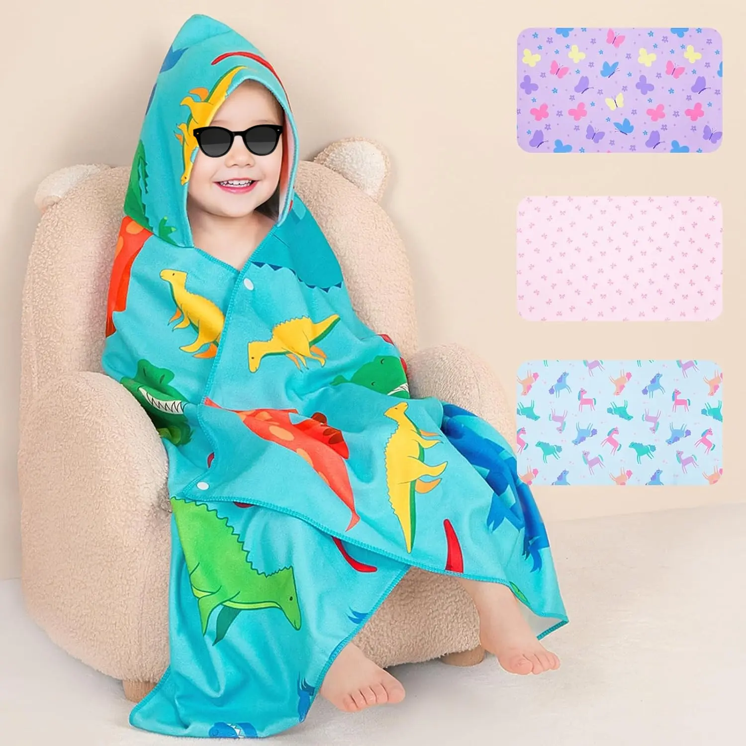 Toddler Hooded Bath Towel - Dinosaur, Heart & Butterfly Print Soft Microfiber Wrap, 55"x28" Absorbent Button Closure Cover-up for Kids, Ideal for Pools, Baby Showers Gifts, Dinosaurs, Butterflies, Care, Unisex, Bathtubs, Year-Round Use, Hearts, Grows With
