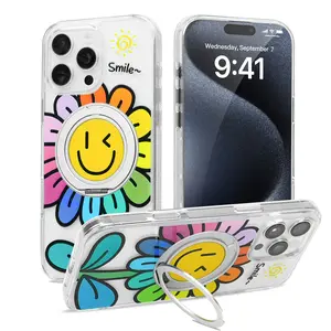 Sunflower Smiley Face Magnetic Phone Case with Holder Compatible with iPhone 17 16 15 14 13 Pro and Max INS-style 360-degree Rotating Magnetic Holder. WC31