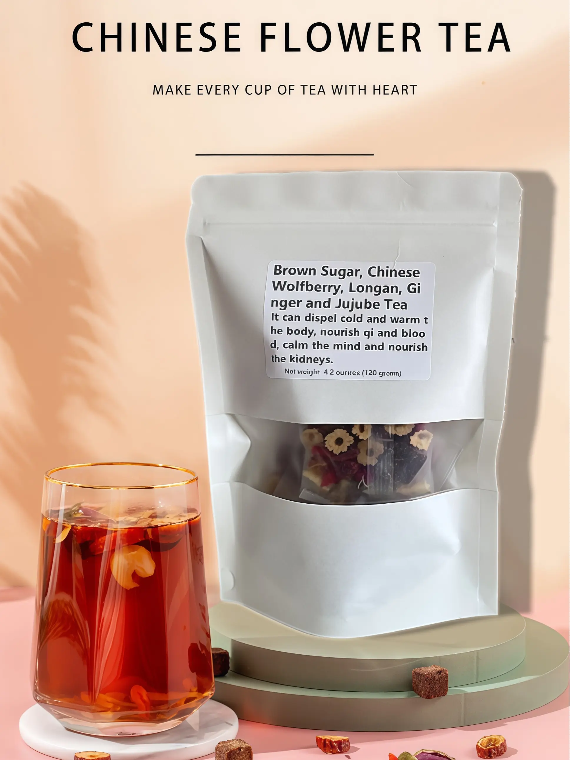 Longan Red Date Ginger Sugar Tea  (12Bags) Ancient Method Handmade Red Ginseng Black Sugar Ginger Tea of Female Qi and Blood Conditioning