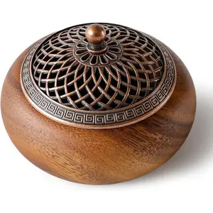 Round Incense Burner - Handcrafted Wooden Censer with Alloy Lid for Sticks/Cones/Sage, Natural Wood Aroma Tray Holder for Yoga Meditation Aromatic Scent Woody Decor