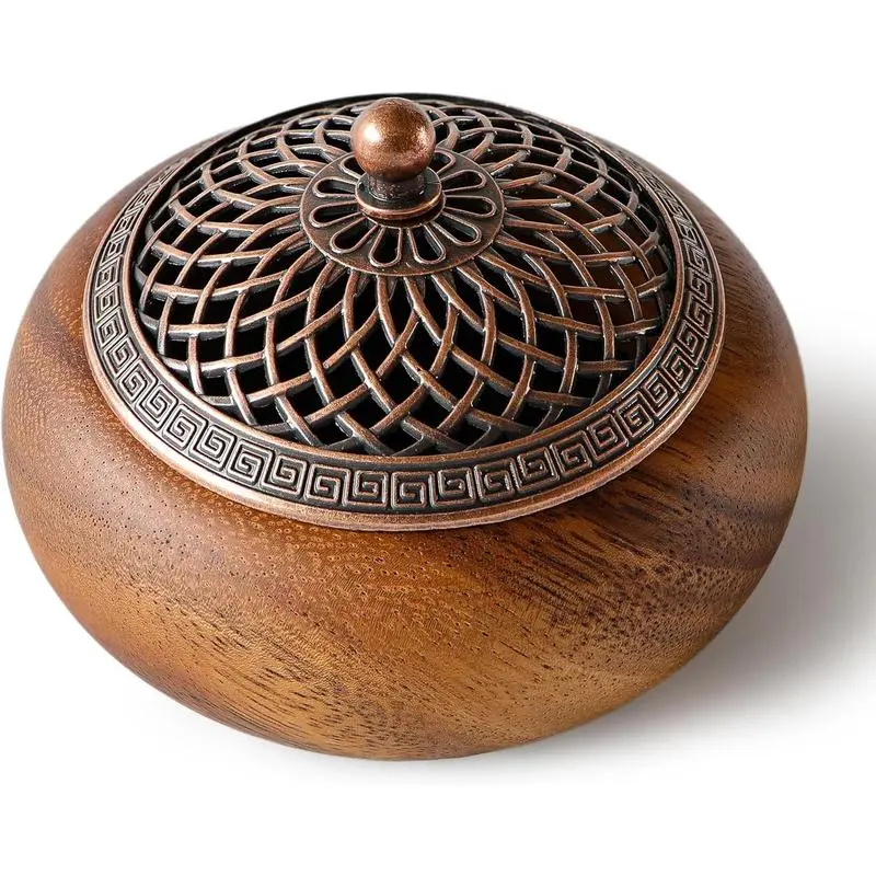 Handcrafted Wooden Round Incense Burner - Minimalist Alloy Lid Mesh Censer with Natural Wood Grain Tray Holder for Stick, Cone, Sage Incense, Yoga Meditation, Aromatic Scent, Stress Relief, Woody Fruity Home Fragrance Room Decor
