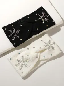 New Winter Snowflake Rhinestone Knit Cross Hairband, Casual Warm Women's Holiday Christmas New Year Decoration Headwear