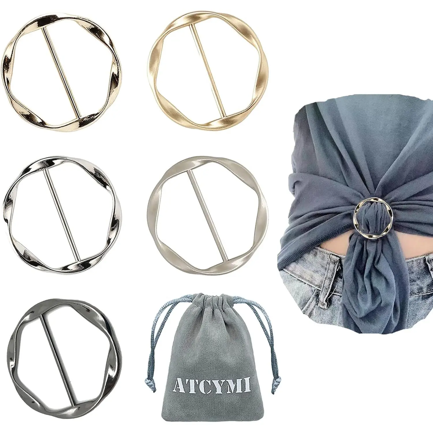 5PCS Metal Silk Scarf Ring Clips for Women – Round Circle Tie & Clothing Holder with Storage Bag