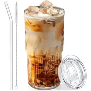 18.5oz Glass Cups with Lids and Straws – Single Reusable Tumbler, Thickened Shatter-Resistant Glass, Ideal for Iced Coffee, Smoothies, Cocktails, Juices – Elegant & Durable Drinkware