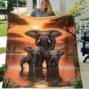 1Pc Bohemian Style Elephant Sunset Fleece Throw Blanket - Soft, Lightweight, Hypoallergenic 100% Polyester, Perfect For Bed, Sofa, Home Office & Outdoor Adventures summervibes
