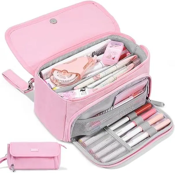 Fall Halloween Gift Large Pencil Case, Big Capacity Pencil Bag with 3 Compartments, Hold 200 pencils, Cute Pencil Pouch with Zipper, Portable Stationery Pen Bag, Aesthetic School Supplies For Girls, Pink