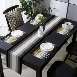 2D flat printing, 5-piece/7-piece black gray gradient table flag and placemat set, modern geometric abstract painting art restaurant decoration, suitable for daily use, Table Mats