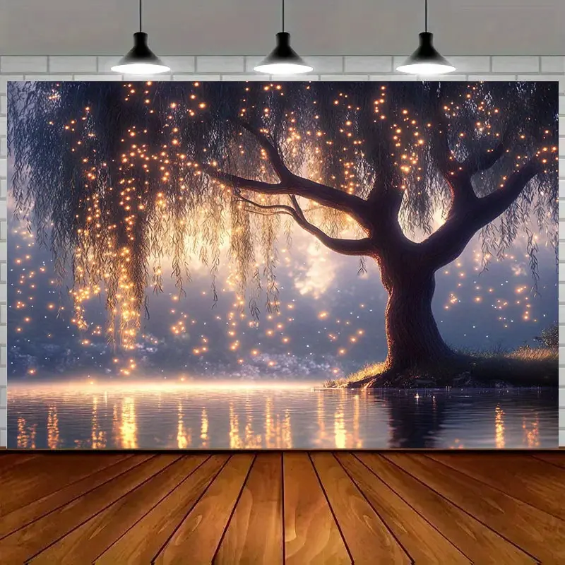 1pc Magical No-Electricity Christmas Fairy Tree Silhouette Backdrop - Durable Polyester, Twinkling Lights, Multi-Size Banner for Weddings, Photo Booth Decor, Twinkle Lights, Multi-Event, Cordless, Wireless