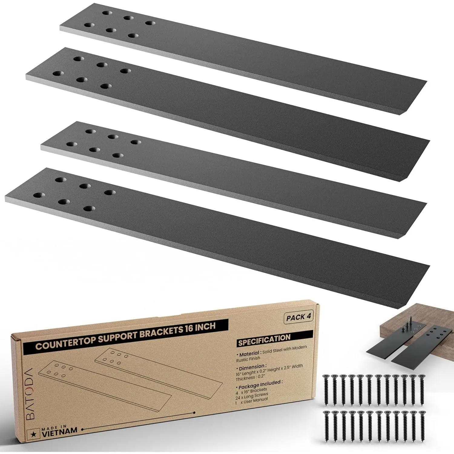 16" Countertop Mounted Support Brackets (4 pcs) for Granite - Heavy Duty L Shelf Bracket - DIY Open Shelving Knee Wall Support - Mounting Hardware Included (Pack 4)