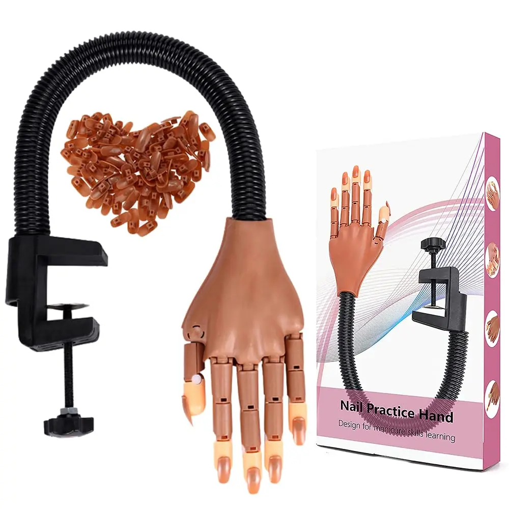 Practice Hand for Acrylic Nails Flexible Movable Practice Nail Hand with 100 Pcs Refill Nail Tips Professional Nail Practice Hand for Training
