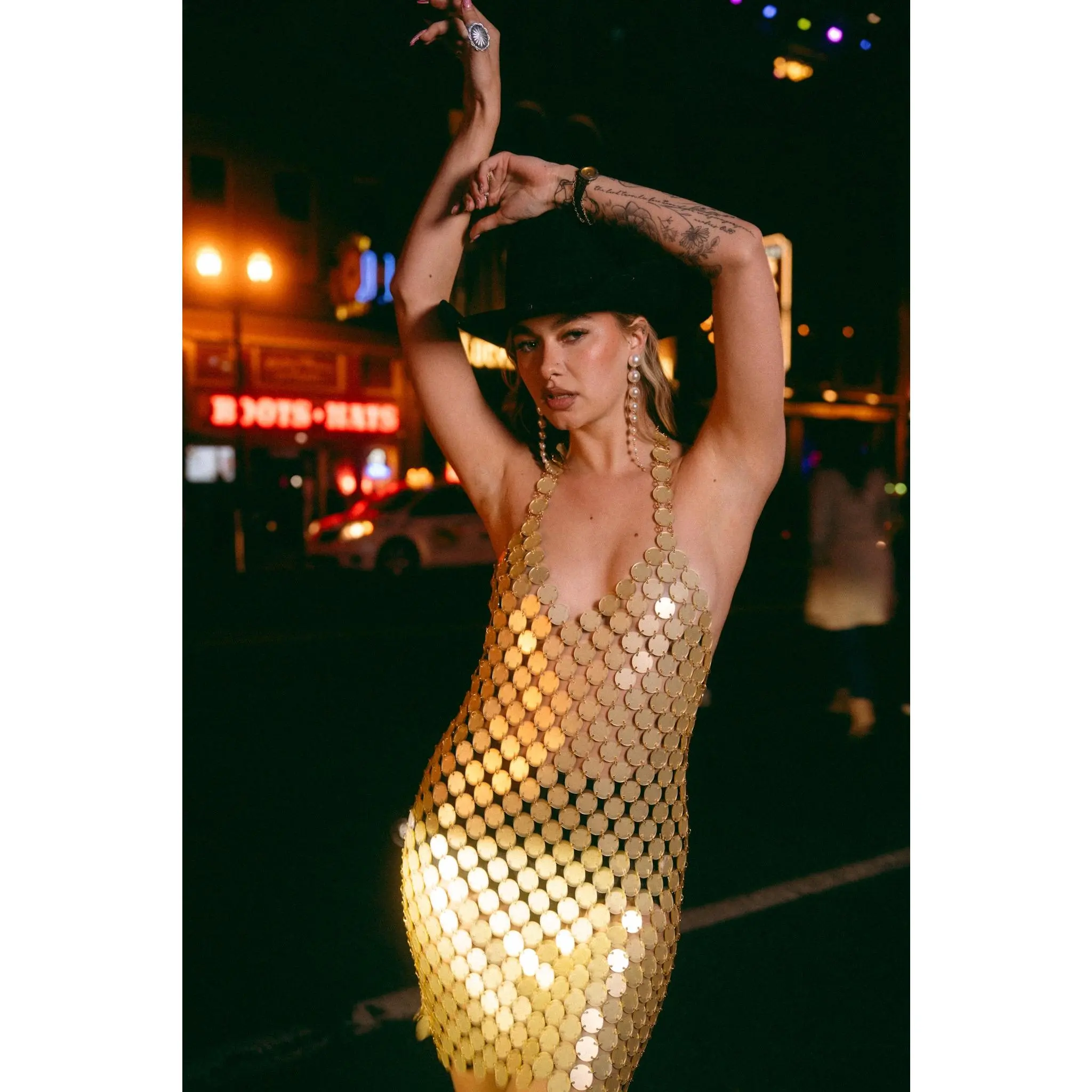 slim fit dress slacks Cowl Neck Sequin Mini Dress Gold