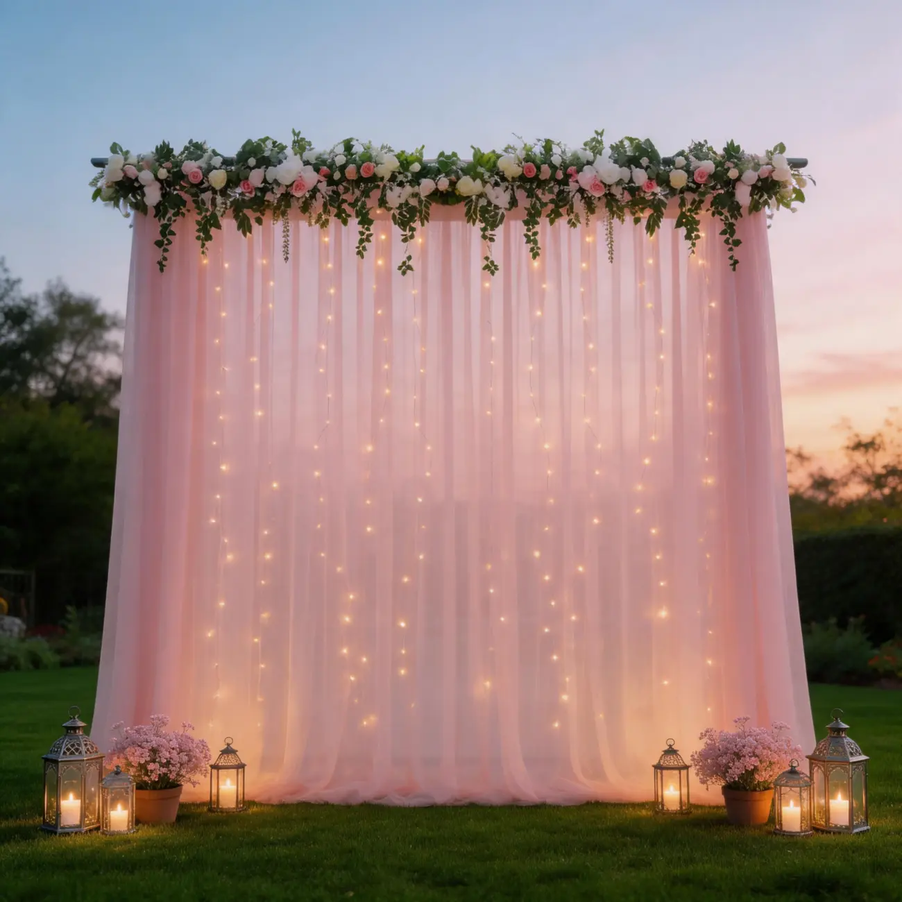 Pink Chiffon Backdrop Curtain with Fairy Lights 2 Panels 5x10ft, Soft Flowing Sheer Fabric Drapes for Wedding, Romantic Dinner, Birthday, Photography Background
