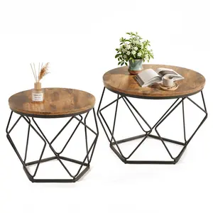 Small Coffee Table Set of 2 – Round Nesting End Tables with Steel Frame – Space-Saving Side Tables for Living Room, Bedroom & Office – Rustic Brown & Ink Black Finish