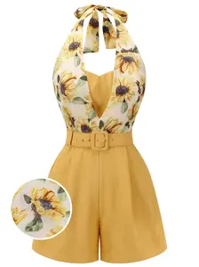 Women's 1950s Vintage Polyester Light Yellow Sunflower Halter Overalls - Sleeveless, Fitted Cut, Above-the-Knee, with Belt and Zipper, Retro Fashion Lady Clothes