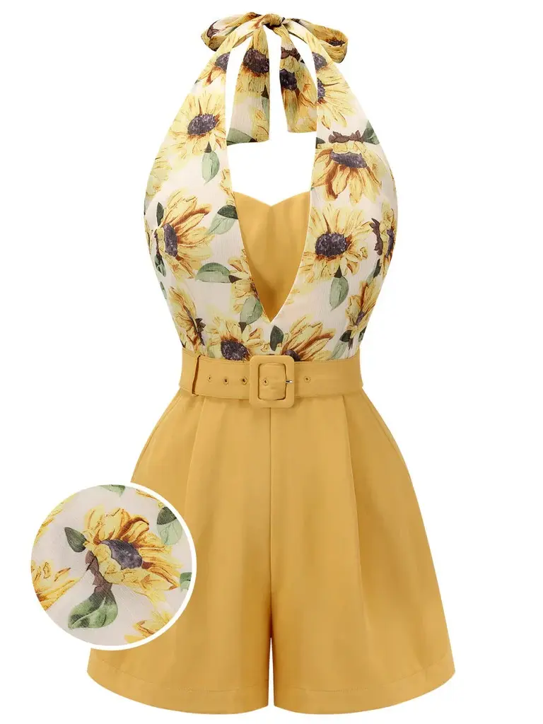 Women's 1950s Vintage Polyester Light Yellow Sunflower Halter Overalls - Sleeveless, Fitted Cut, Above-the-Knee, with Belt and Zipper, Retro Fashion Lady Clothessummer outfits Floral Womenswear