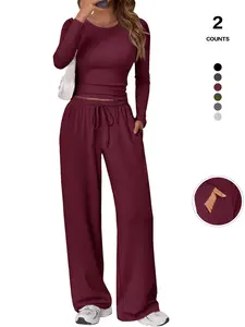 2026 Women's 2 Piece Matching Lounge Set Long Sleeve Slightly Crop Fitted Top Wide Leg Drawstring Pants Casual Sweatsuit Loungewear