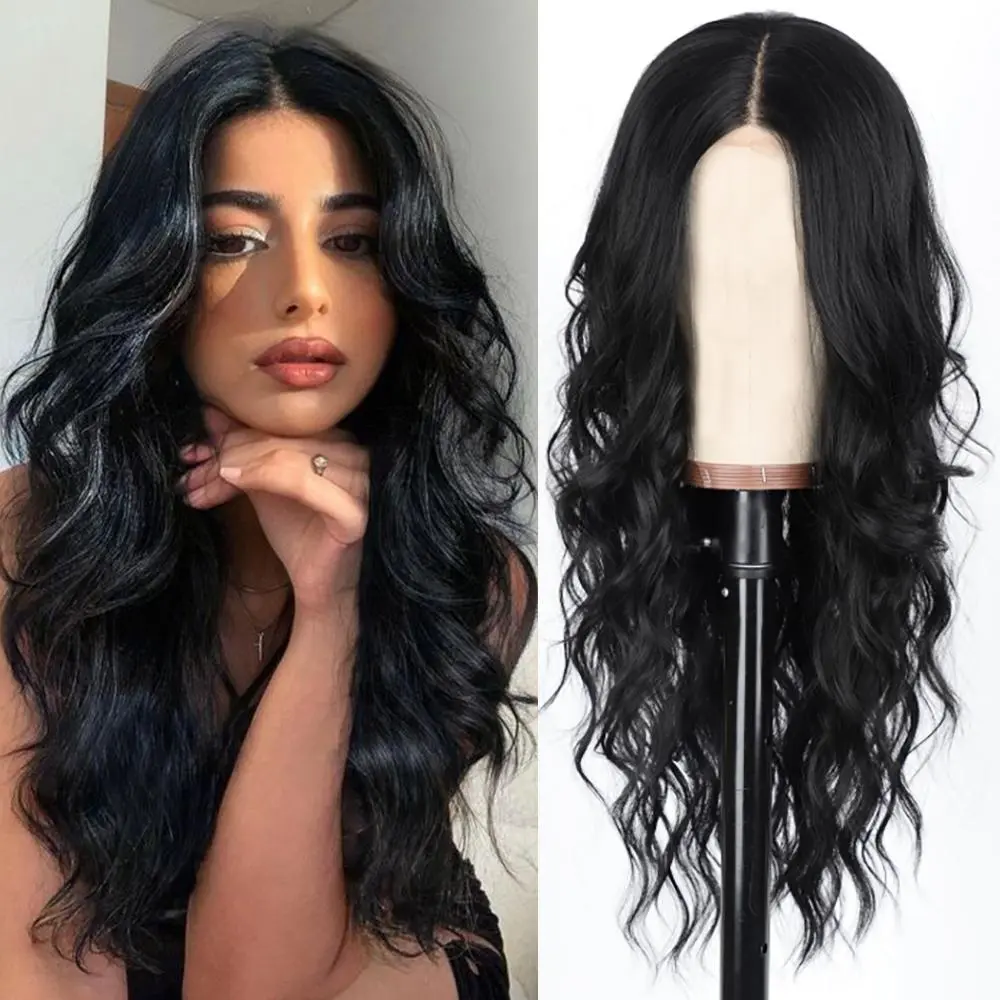 [BCHR HAIR] Summervibes Black Wig for Women Long Wavy Lace Hairline Wig 26 Inch Middle Part Synthetic Heat Resistant Wig valentines for Daily Party Realistic Look Soft Smooth Texture Handcrafted Hairline Anti-Slip Band -cosplay Blonde Curly Wig