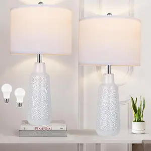 Set of 2 Table Lamps with 3 Color Temperature, 25.5" Tall Farmhouse Ceramic Lamp with Vase Design Nightstand Lamp White Fabric Shade for Living Room Bedroom Home Office