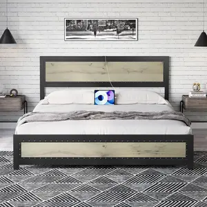 Industrial Full Size Bed Frame with MDF Wood Headboard, Rustic Look, USB Port Charge Station, Wooden Mattress Foundation - No Box Spring Needed, Easy to Assemble, Washed Grey