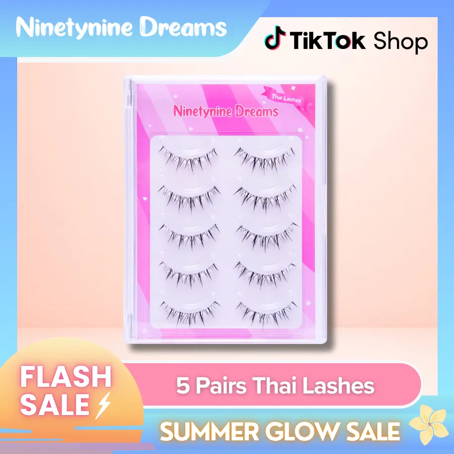 Ninetynine Dreams 5 Pairs Thai Lashes | Lightweight Wispy Natural Strip Lashes, Reusable Beginner Friendly Ultra-Thin Transparent Band Daily False Eyelashes Strips — Perfect For Everyday Daily Makeup Looks