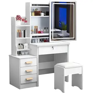 Makeup Vanity Desk with Mirror & Lights Dressing Table 3 Colors Adjustable LED Lighted Mirror Stool 4 Drawers Storage Shelf for Bedroom