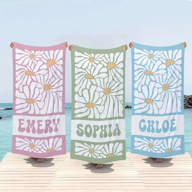 Multi-Color Rose 30x60 in Microfiber Hand Towel - Quick-Dry Beach Towel, Breathable, Retro Daisy Print, Personalized Custom Name, Home Bathroom Supply for Gifting, Quick-Dry Beach Towels, Multi-Color Beach Towels
