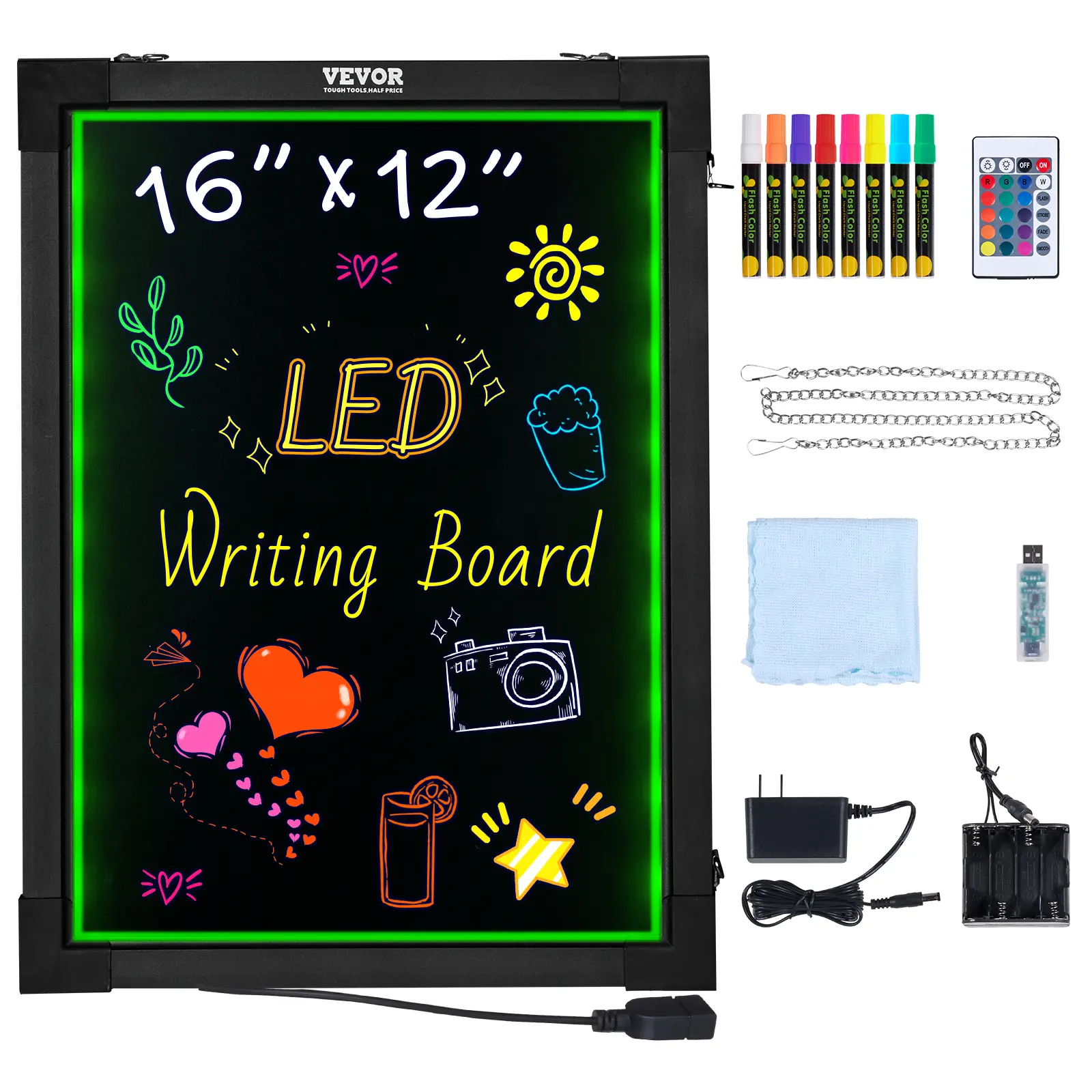 【summerfinds】VEVOR LED Message Writing Board, 16"x12" Illuminated Erasable Lighted Chalkboard, Neon Effect Menu Sign Board, Drawing Board with 8 Fluorescent Chalk Markers and Remote Control, for Home Wedding Shop
