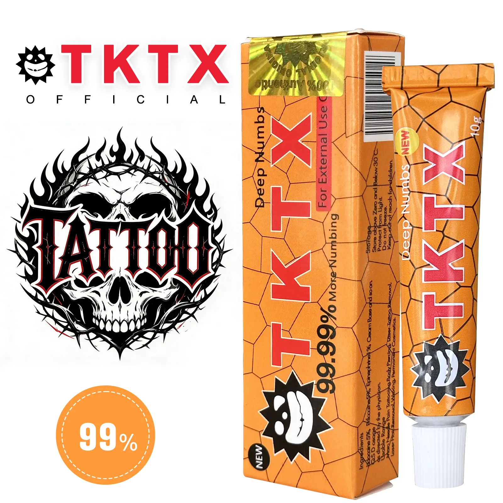 TKTX Gold 99.99% Max Strength Tattoo Numbing Cream, Limited Edition 10g Topical Anesthetic, Painless for Tattoo, Laser Removal, Waxing, Eyebrow Threading & PMU, External Use Only