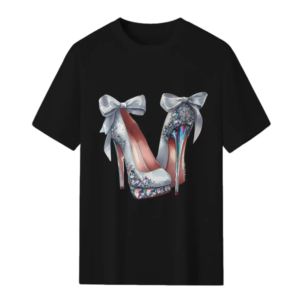 Women's Fitted Short-Sleeve Cotton Fabric T-Shirt - Shiny Rhinestone Bow, Glam Crystal Stiletto Graphic, Pink Cropped Lady Top, Casual, Shortsleeve, Soft, Style, Elegant, Thanksgiving, Tshirt, Cap Sleeve