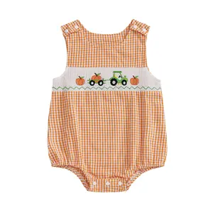 FOCUSNORM Newborn Baby Boy Halloween Clothes Pumpkin Tractor/Truck Smocked Bubble Romper Sleeveless Plaid Overall Bodysuit
