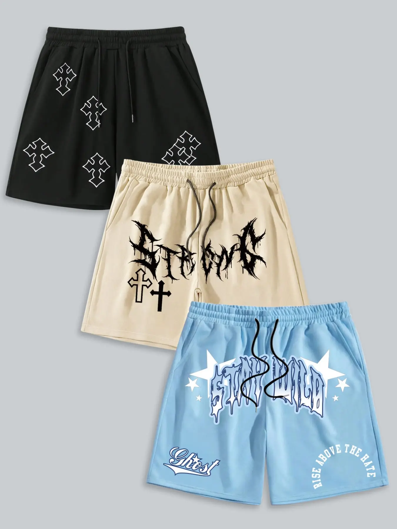 3-Pack Gothic Cross & "Stay Wild" Graphic Summer Shorts | Streetwear Casual Fitted Sweat Shorts Set, Graphic Print Shorts, Fashion Shorts, Streetwear Ready