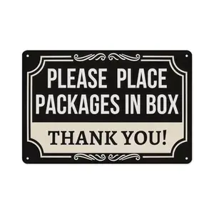 2D Flat, 1pc Vintage Rustic Metal Wall Sign - "Please Place Packages in Box" Practical Decor. Classic Black & Beige Design, Suitable for Porch, Entryway, Office. Durable Indoor/Outdoor Organizing Sign, Functional Home/Store Decor