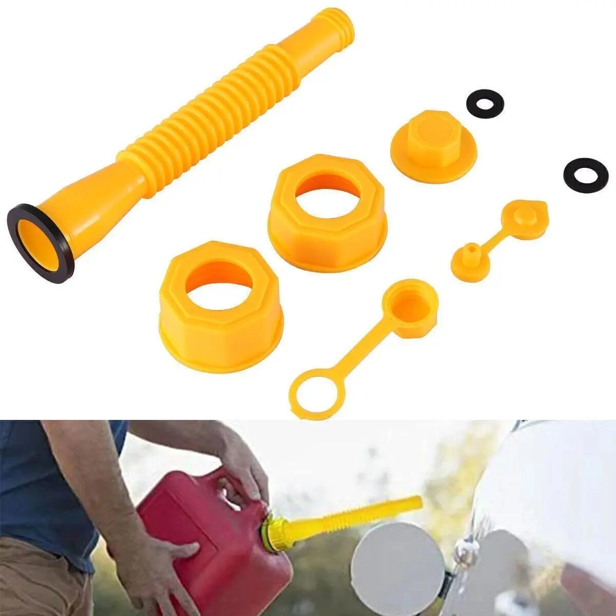 Gas Can Spout Replacement Kit with Hex Cap & Thicker Rubber Gaskets for Automotive Repair, Motorcycle Repair, Flexible Fueling Nozzles, Easy Installation, Compatible with 1/2/5/10 Gal Fuel Storage Cans