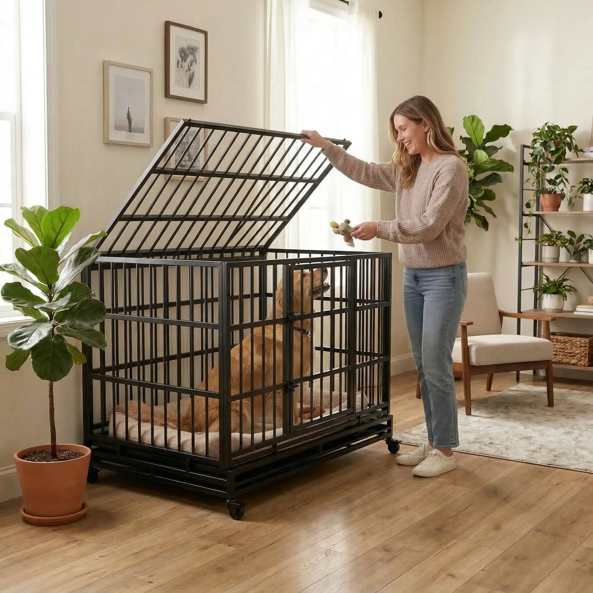 48 Inch Heavy Duty Indestructible Dog Crate with Wheels, Folding Metal Big Dog Cage for Large and Medium Dogs, Cage with Removable Plastic Tray