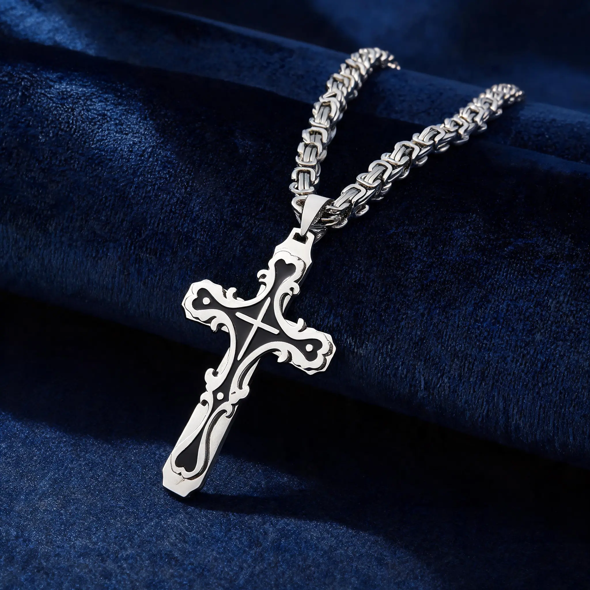 Men’s Stainless Steel Silver-Plated Cross Necklace - Durable Chains for Daily Streetwear, Party Outfits - Cool Costume Jewelry Gift for Him (Christmas, Birthday)