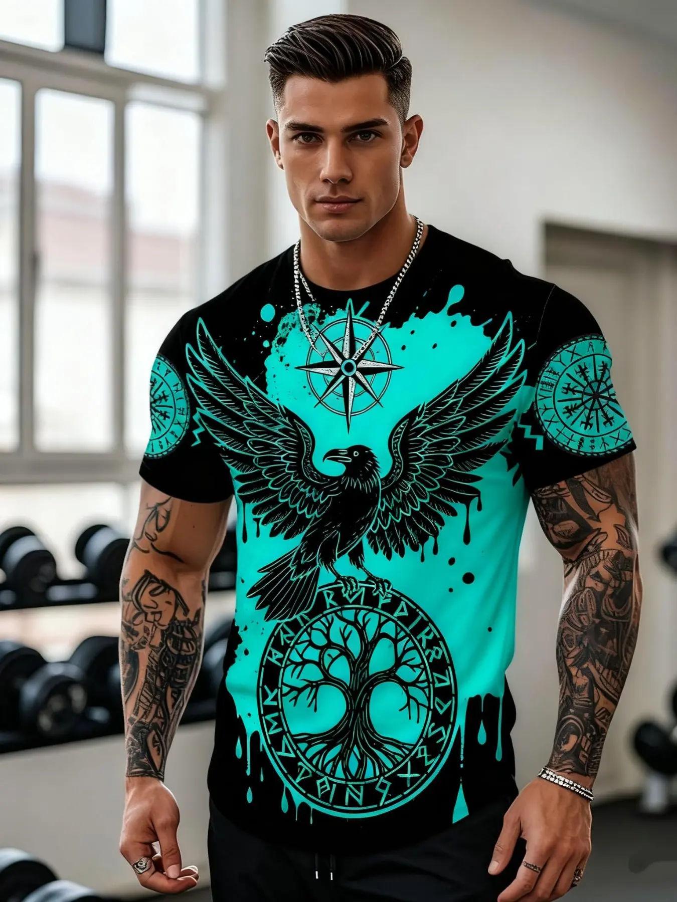 Men's Viking T-Shirt Top New 3D Printed Norwegian Mythology Pullover Round Neck Short Sleeve, Casual Slim-Fitting All Season Wear