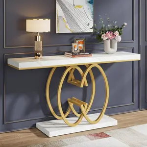 Spaco Faux Marble Gold Console Table - Modern Geometric Metal Base Design, Narrow Indoor Furniture for Home Hallway, Entryway, Office Use